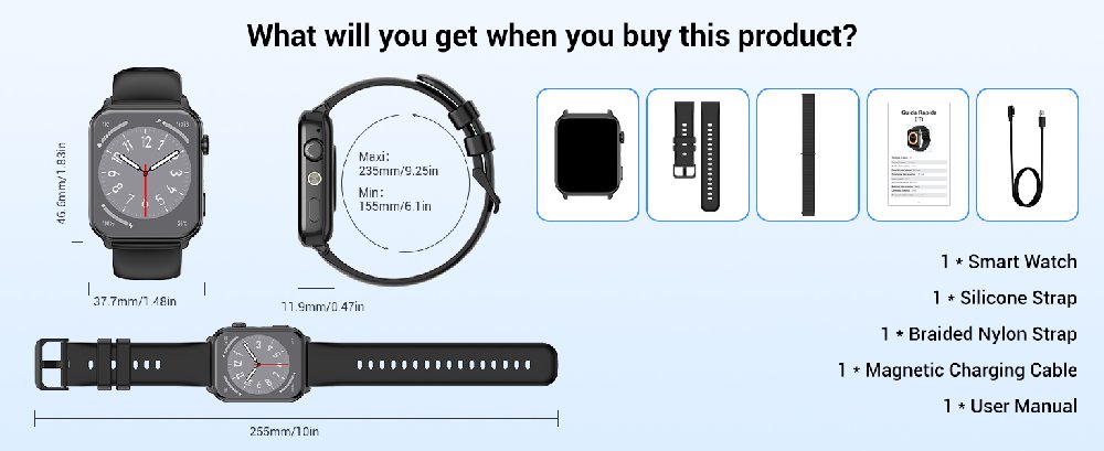Text reads: 'What will you get when you buy this product?' Product package contents showing smartwatch with silicone strap, magnetic charging cable, and user manual.